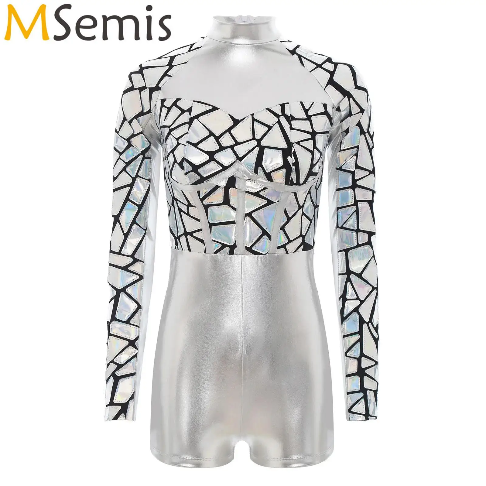 

Womens Jazz Gogo Dance Leotard Bodysuit Metallic Shiny Space Warrior Alien Masquerade Cosplay Costume Galaxy Themed Jumpsuit