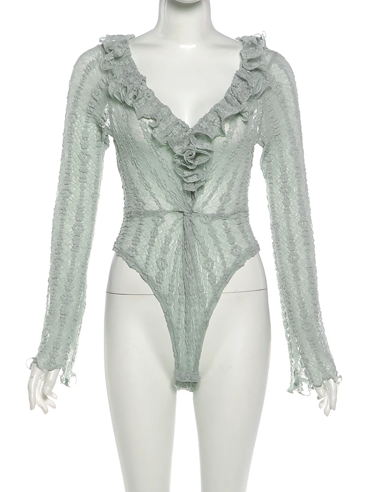 Weird Puss Rüschenrand-Patchwork-Bodysuits für Damen, modisch, schlicht, durchsichtig, geraffter V-Ausschnitt, lange Ärmel, Hottie-Party-Clubwear – Detail 3
