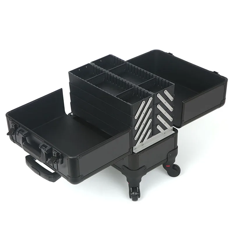 Aluminium Trolley Make-Up Doos Met Grote Capaciteit Draagbare Textuur Gereedschapskist Semi-Color Professionele Trolley Cosmetische Koffer