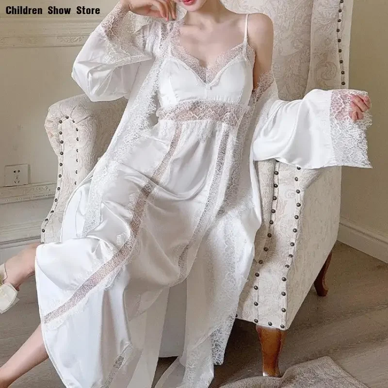 

Кружевное лоскутное платье Vestidos De Novia, 2 шт., Camisola E, халат из ледяного шелка, интимное белье, женская длинная ночная рубашка, одежда для сна, халат, костюм
