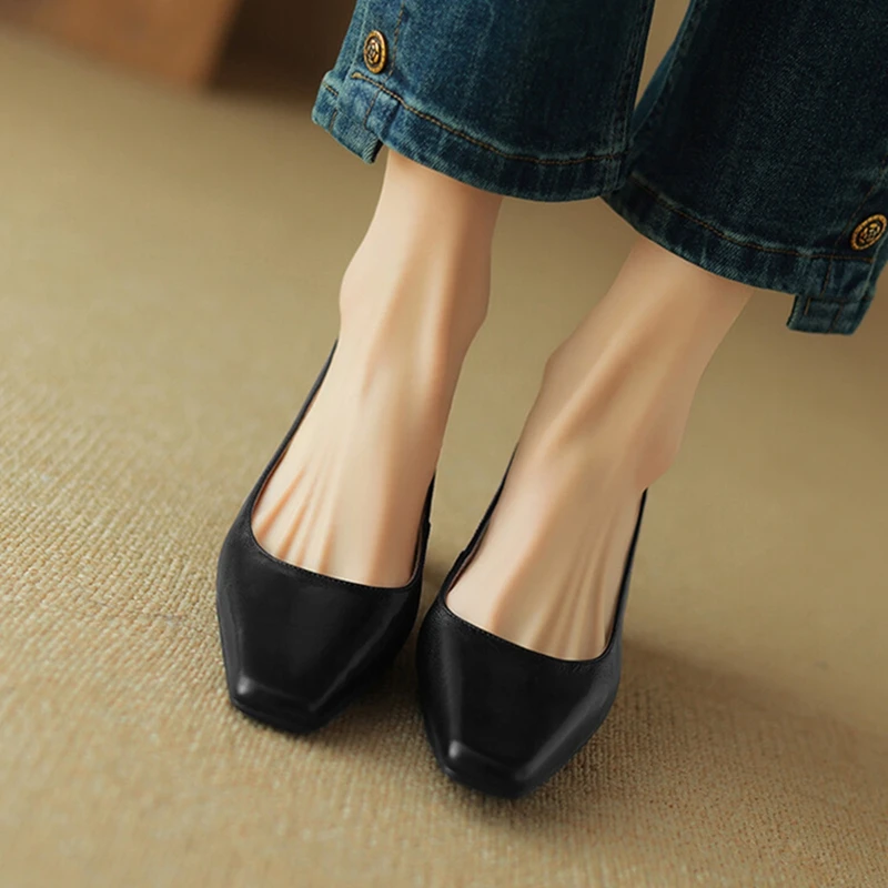 NEW Spring/Autumn Women Pumps Genuine Leather Shoes for Women Square Toe Chunky Heel Women Shoes Elegant Mid-Heel Office Shoes