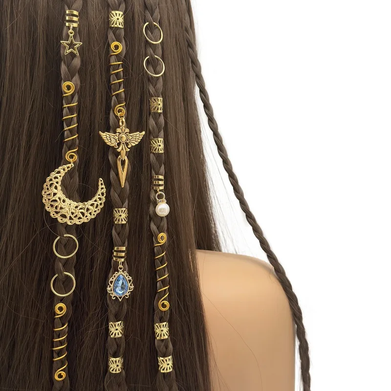 

37Pcs African Dreadlock Hair Charms Alloy Moon Pearl Angel Sword Cuffs for Braids Festival Party Shiny Premium Gift for Women