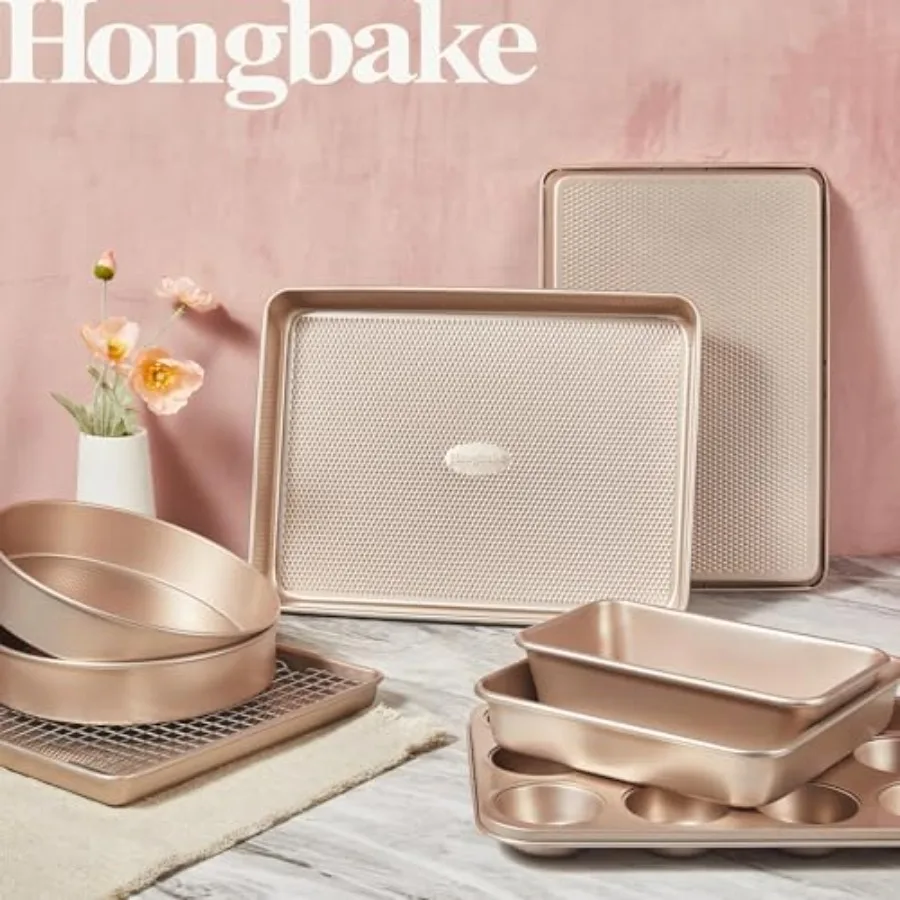 9-Piece Baking Pans Set for Home Kitchen Use, Nonstick Diamond Texture Aluminum with Gold Finish, Oven-Safe Stackable Non Toxic