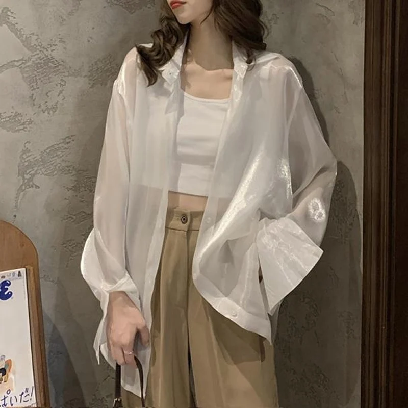 Spring Summer Solid Color Elegant Shirt Women Turn-down Collar Long Sleeve Fashion Button Patchwork Cardigan Korean Style Tops