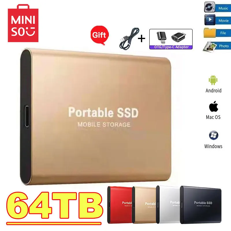 MINISO 2tb zewnętrzny dysk twardy 1TB przenośny zewnętrzny dysk SSD Mini dysk twardy szybki zewnętrzny dysk półprzewodnikowy nowy