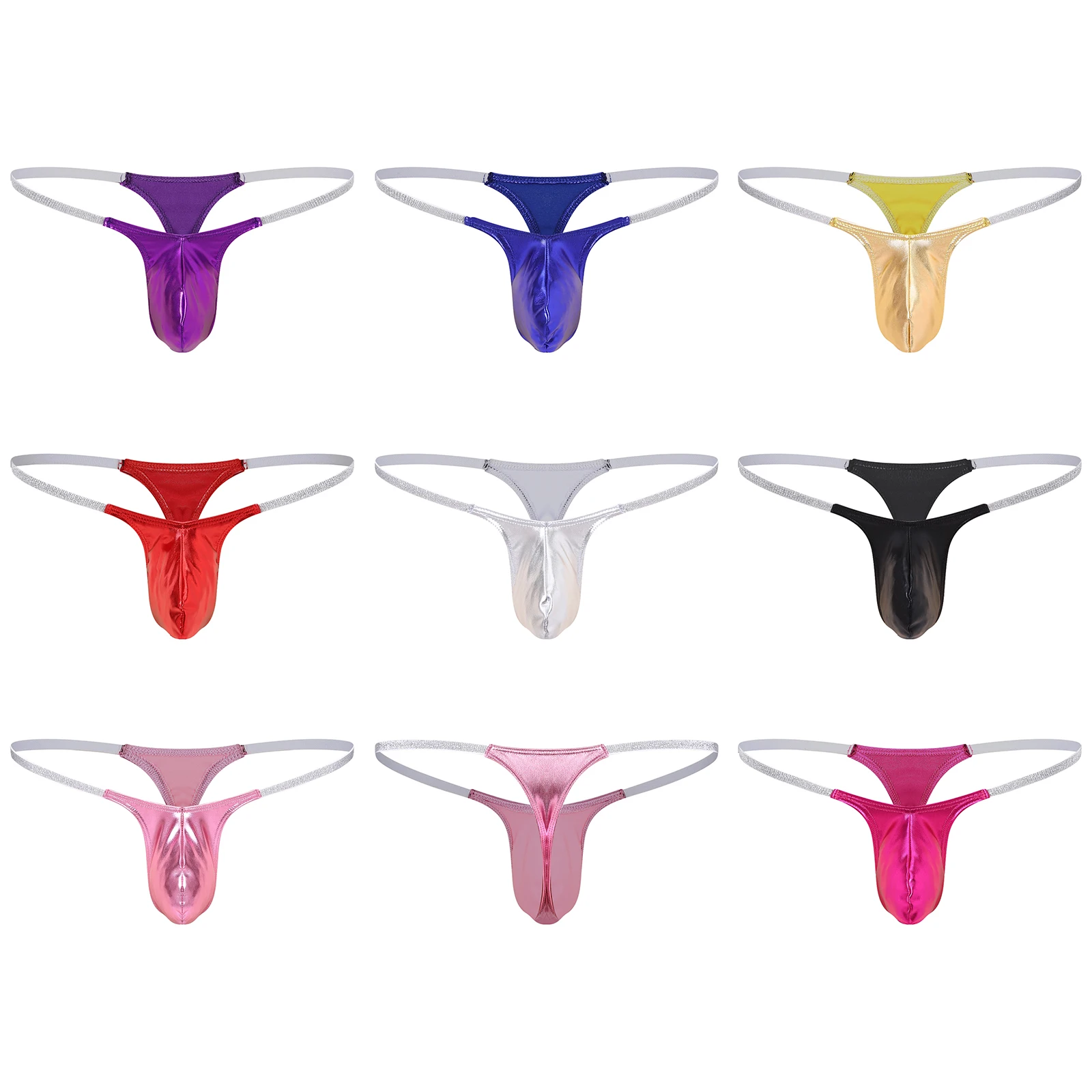 

Mens Sexy Lingerie Low Rise Mini Briefs Shiny Metallic Pouch Elastic Waistband T-back Thong Underwear Swimwear for Nightclub