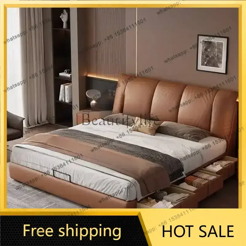 LJY Heavy Duty Price Double Bed Beige European Base Lit Luxe Double Bed Adults Floating Storage Wood Camas De Dormitorio Furnitu