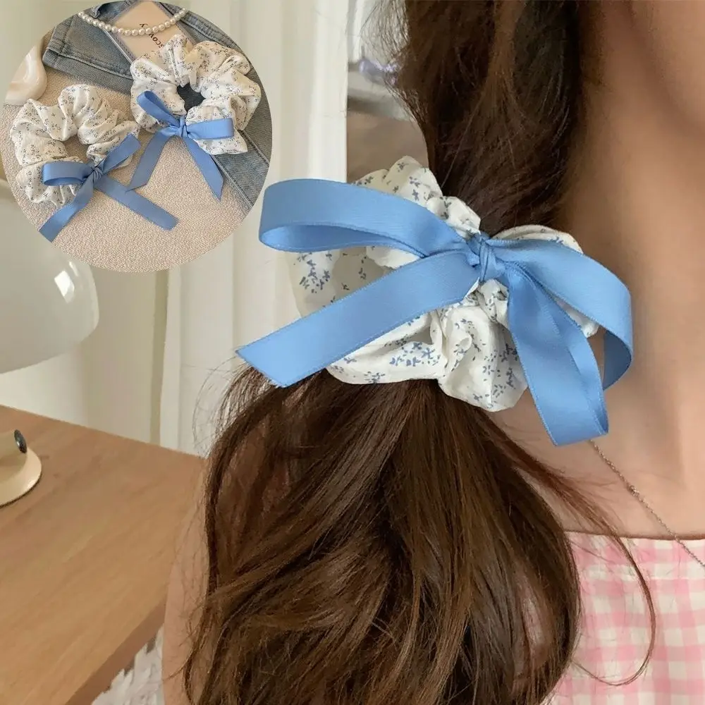 Gentle Sweet Blue Floral Scrunchies Hair Accessories Simple Hair Bands Women Girls Ponytail Holder Hair Rubber Bands Hair Ties