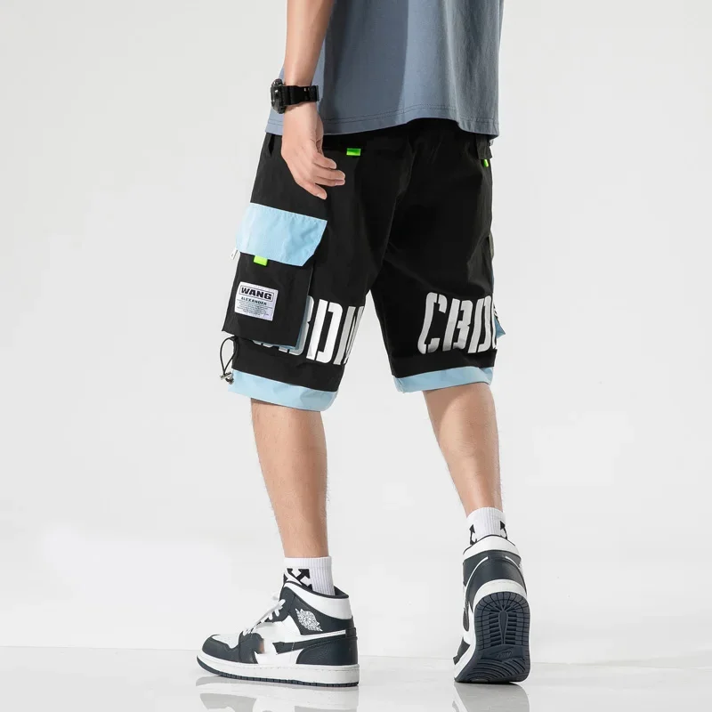 Men Hip Hop Streetwear Casual Shorts  Summer Male Cargo Shorts Color Block Fashion Joggers Shorts Elastic Shorts Homme