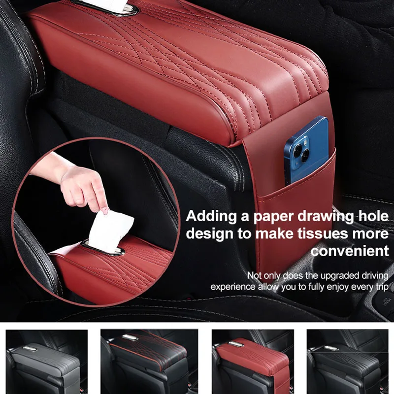 Car Center Console Protector Cover Leather With Tissue Storage Height Pad Universal Auto Center Armrest Protective Cushion