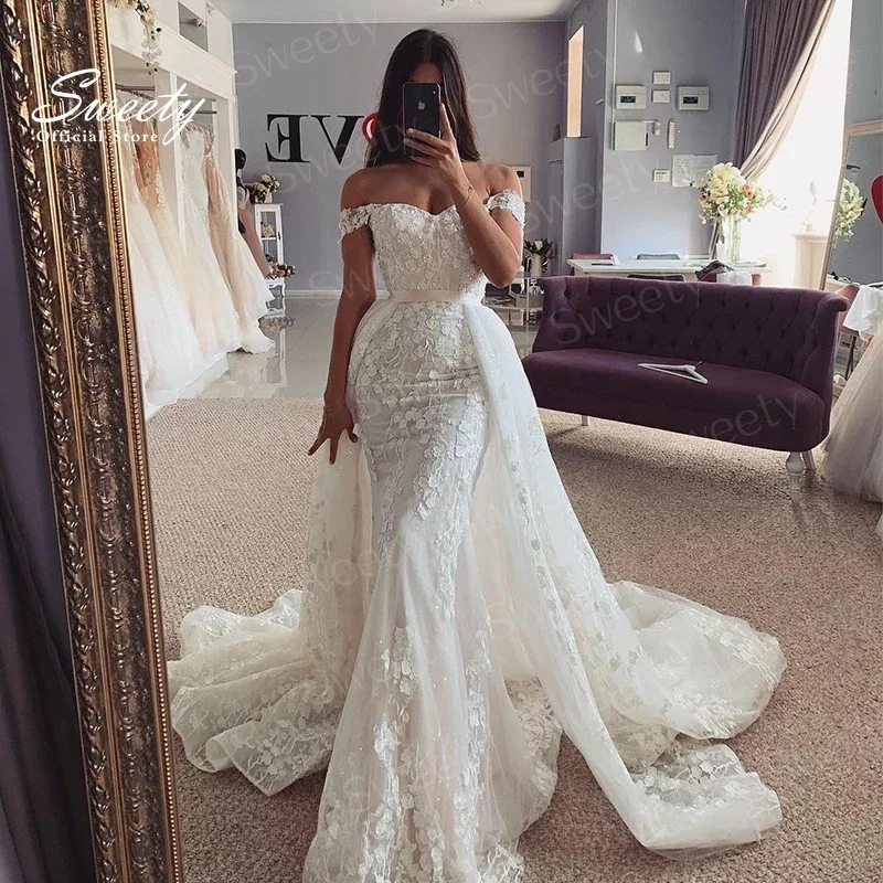 Detachable Mermaid 2 In 1 Wedding Dress Embroidered Lace On Net With Ball Gown Sleeveless Heart Neck Customized Vestido De Novia