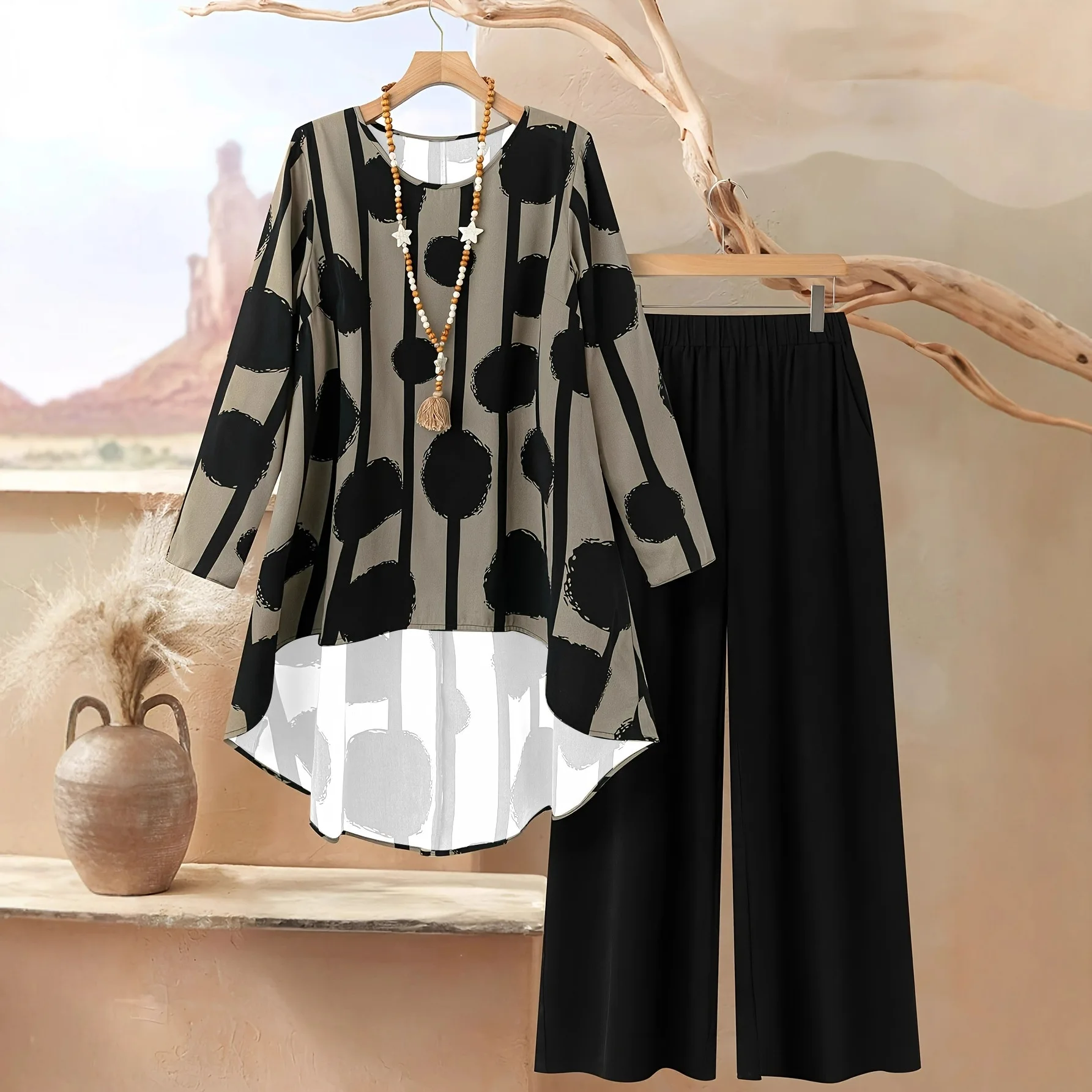 Женский комплект 2025 года с принтом в горошек, элегантный повседневный свободный топ с длинными рукавами и брюки с принтом, комплект из двух предметов