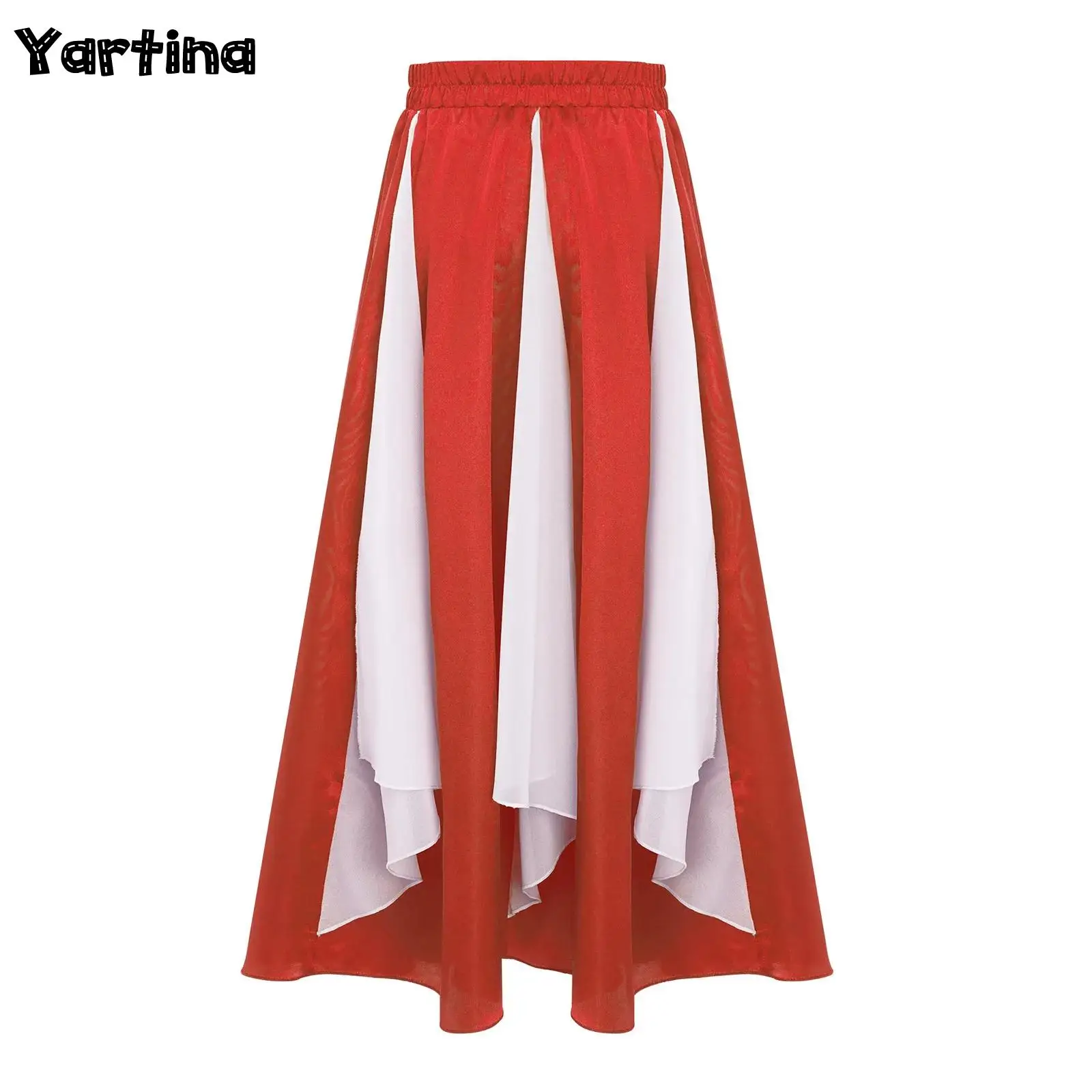 

Kids Girls Liturgical Praise Ballet Dance Skirts Worship Modern Performance Color Block Wide Hemline Chiffon Panel Satin Skirt