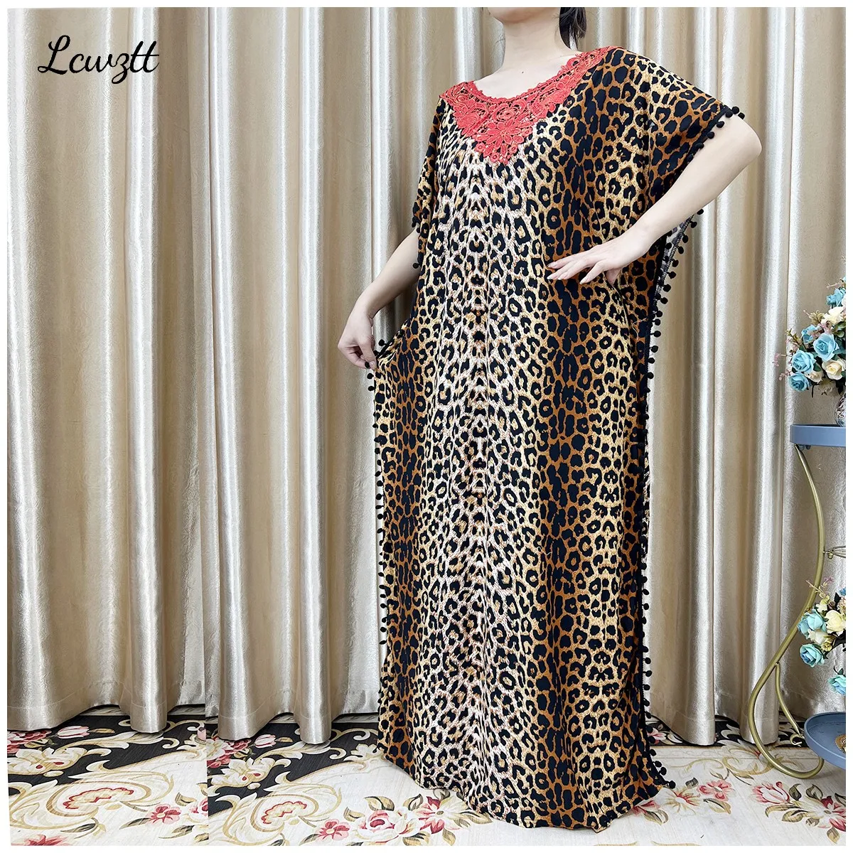 New Arrival Fashion African Women Loose Dress Muslim Large Casual Dress Elastic Fabric Stitching Pearl Diamond Decorative Style