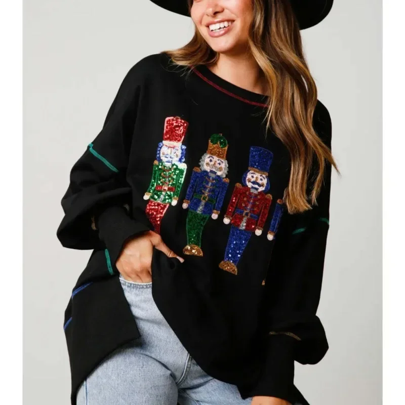 Women Fashion Cute Santa Sweatshirt Christmas Nutcracker Sequin Print Shirts Crewneck Long Sleeve Pullover Lady Sweatshirts Tops