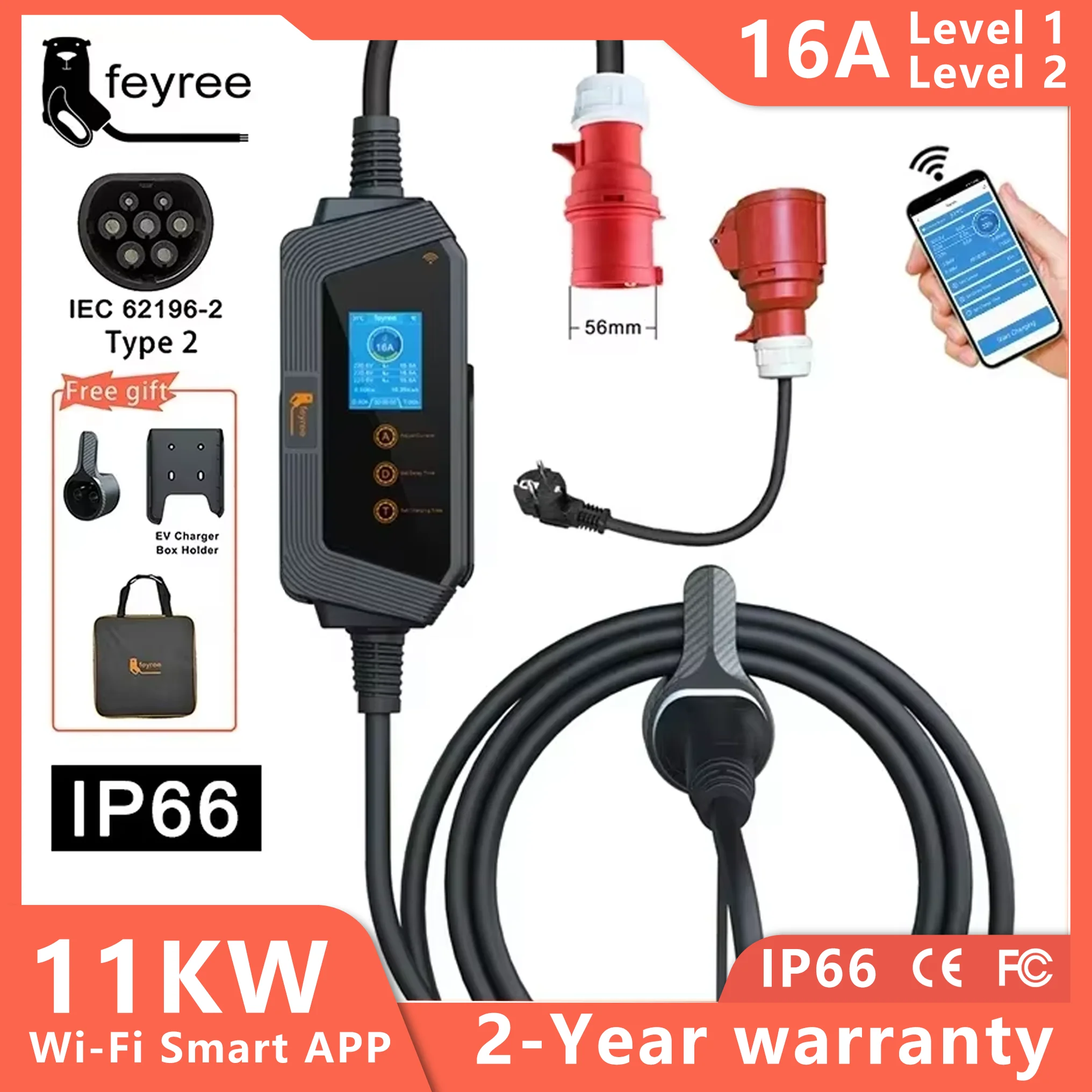 feyree Type2 11KW 16A 3Phase Portable EV Charger Car Charger Wi-Fi APP Control EVSE Charging Box CEE Plug for Electric Vehicle