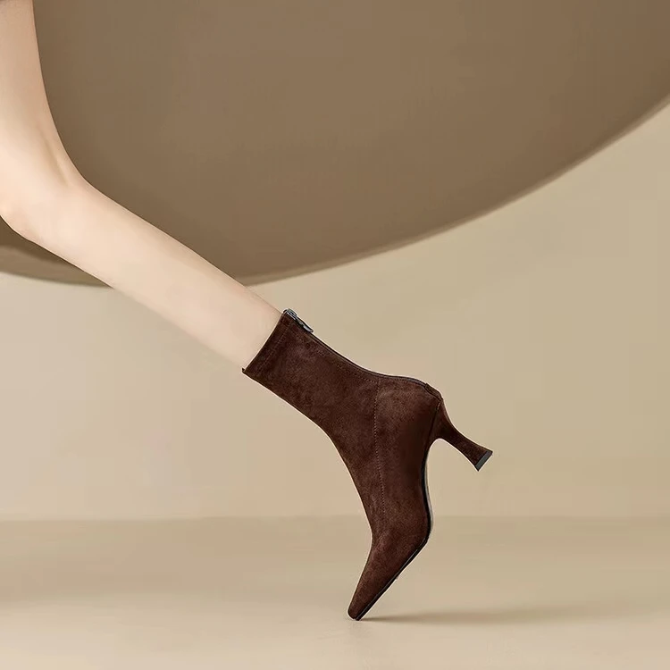 Stylish Back Zip Suede Slim Follower Boots Autumn New Pointed Toe Non-Slip Wear-Resistant Short-Thigh