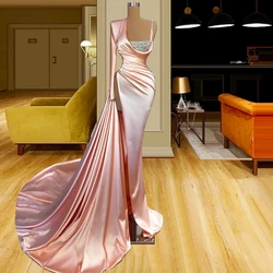 Luxury Pink Mermaid Evening Dress Long One Shoulder Arabic Prom Dresses Sexy Women Party Gown