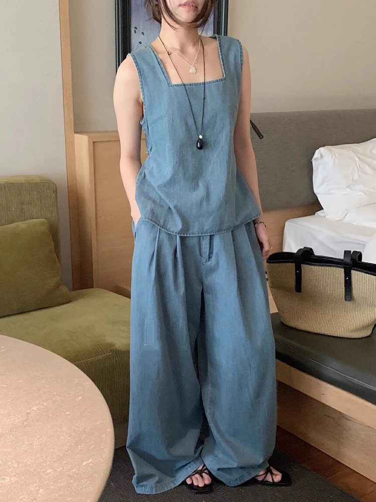 

Liangliang Design Bal Strap Denim Vest Women's Summer New Vintage High Waist Wide Leg Long Pants Two Piece Set Faion