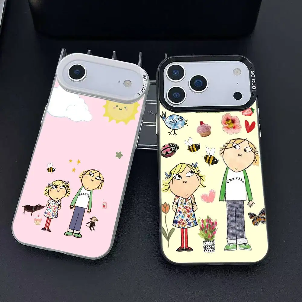Funda de teléfono de anime Charlie y Lola para iPhone 12 13 14 15 16 17Pro Max Plus, funda protectora chapada para teléfono