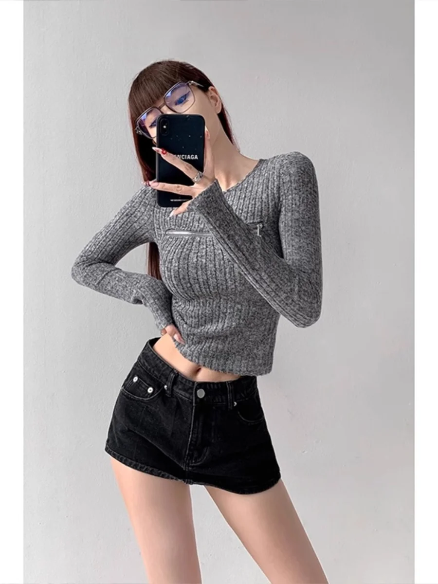 Solid Color Short Knit Sweater Sexy Hollow Zipper Exposed Chest Pink Knit Base Fashion Sweet Tight-fitting Women's Sweater Top