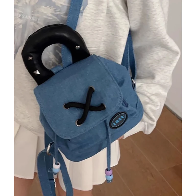 

HAEX Kawaii Denim Backpacks Women Fashion Design Patchwork Mini Bag Female Y2K Harajuku Aesthetic Students Mochilas Para Mujer