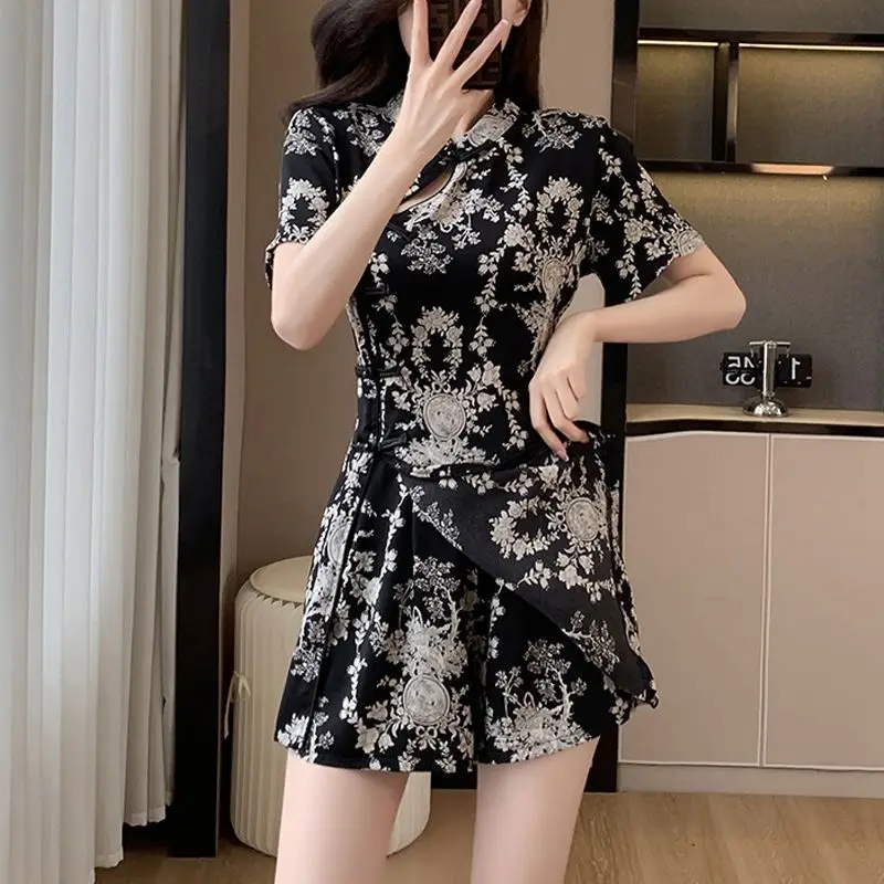 

New Chinese Style Qipao Set Summer Women's Fashion Slimming Print Shorts Top Bottom Two-Piece Suit Breathable Loose Fit Shirt