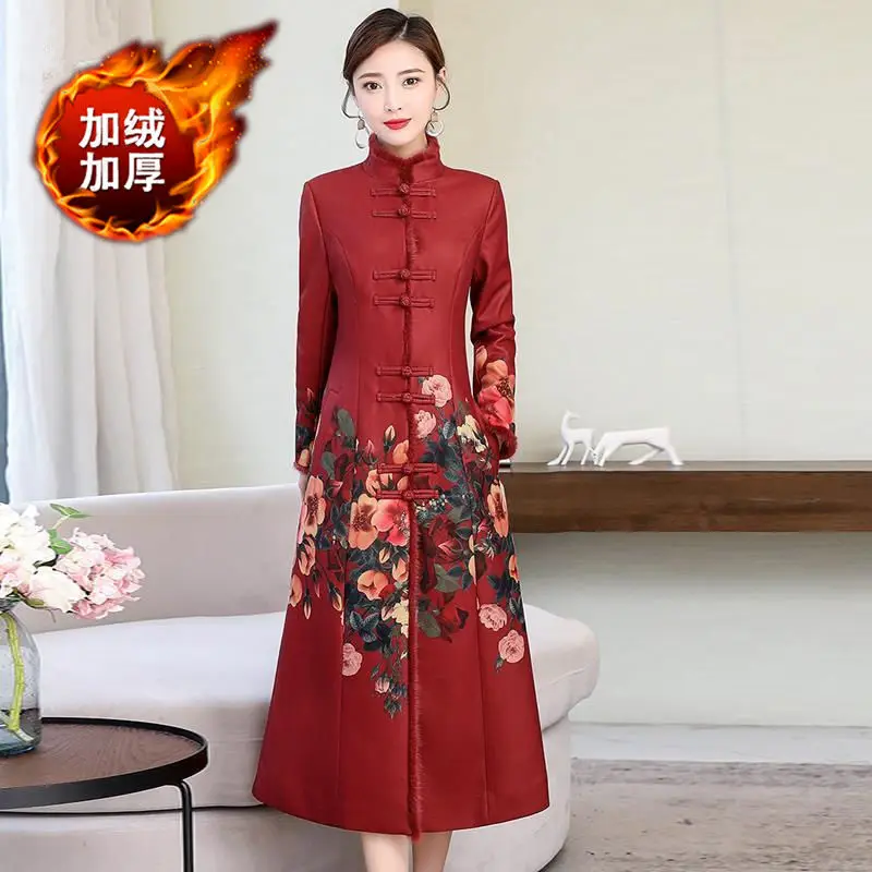 2024 chinese national style cotton qipao improved cheongsam skirt cotton jacket women elegant printing dress warm cheongsam