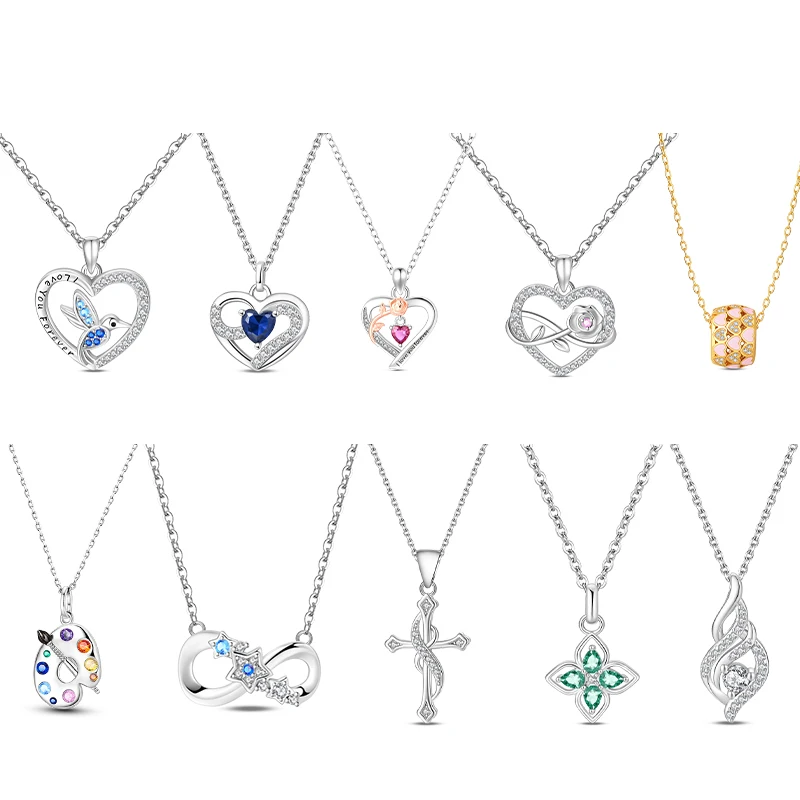Original 925 Silver Pendant Necklace Paint Plate Heart-Shaped Infinity Charms O-Shaped Chain For Women DIY Fine Jewelry Gift New