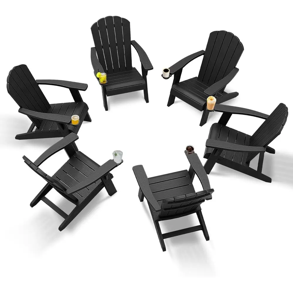 

Set of 6 Oversized Black HDPE Outdoor Adirondack Chairs with Cup Holders, Weather-Resistant for Patio, Lawn, Deck, Porch, and Fi