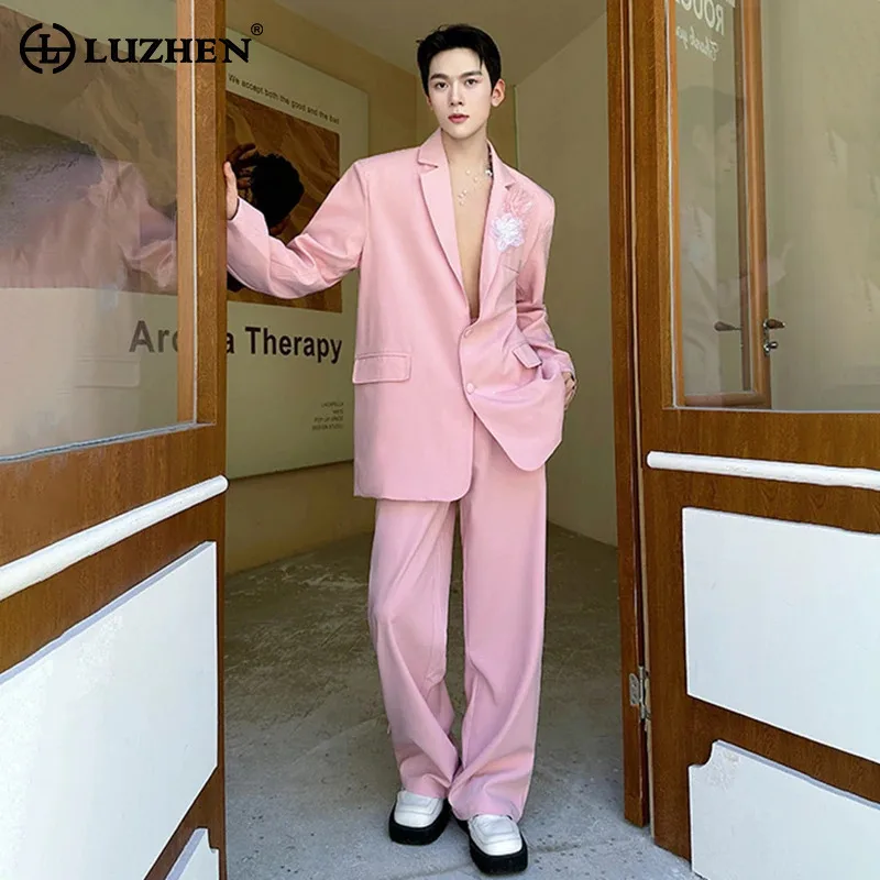 

LUZHEN Осенний модный трехмерный пиджак с цветочным принтом и открытой спиной, пальто, прямые брюки, мужские комплекты из двух предметов JY4607