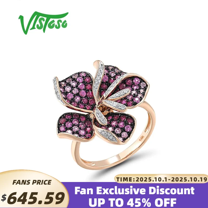 

VISTOSO Genuine 14K 585 Rose Gold Ring For Women Sparkling Ruby Pink Sapphire Diamond Blooming Flower Glamorous Fine Jewelry