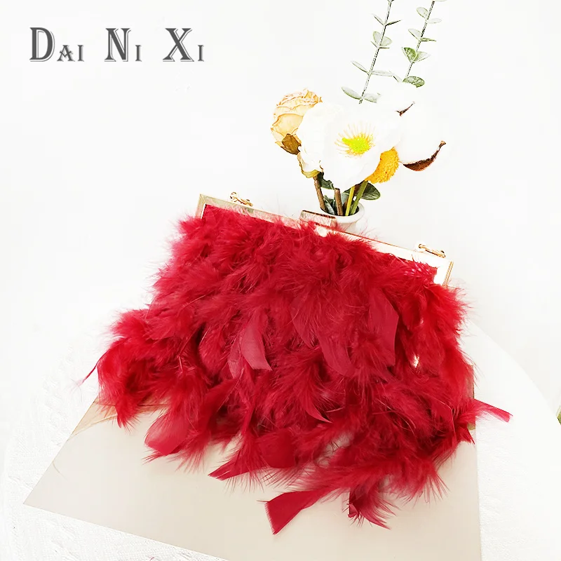 Fashion Tote Fur Bag Ostrich Feather Clutch Pearl Handbag Wedding Party Formal Dress Purse For Ladies