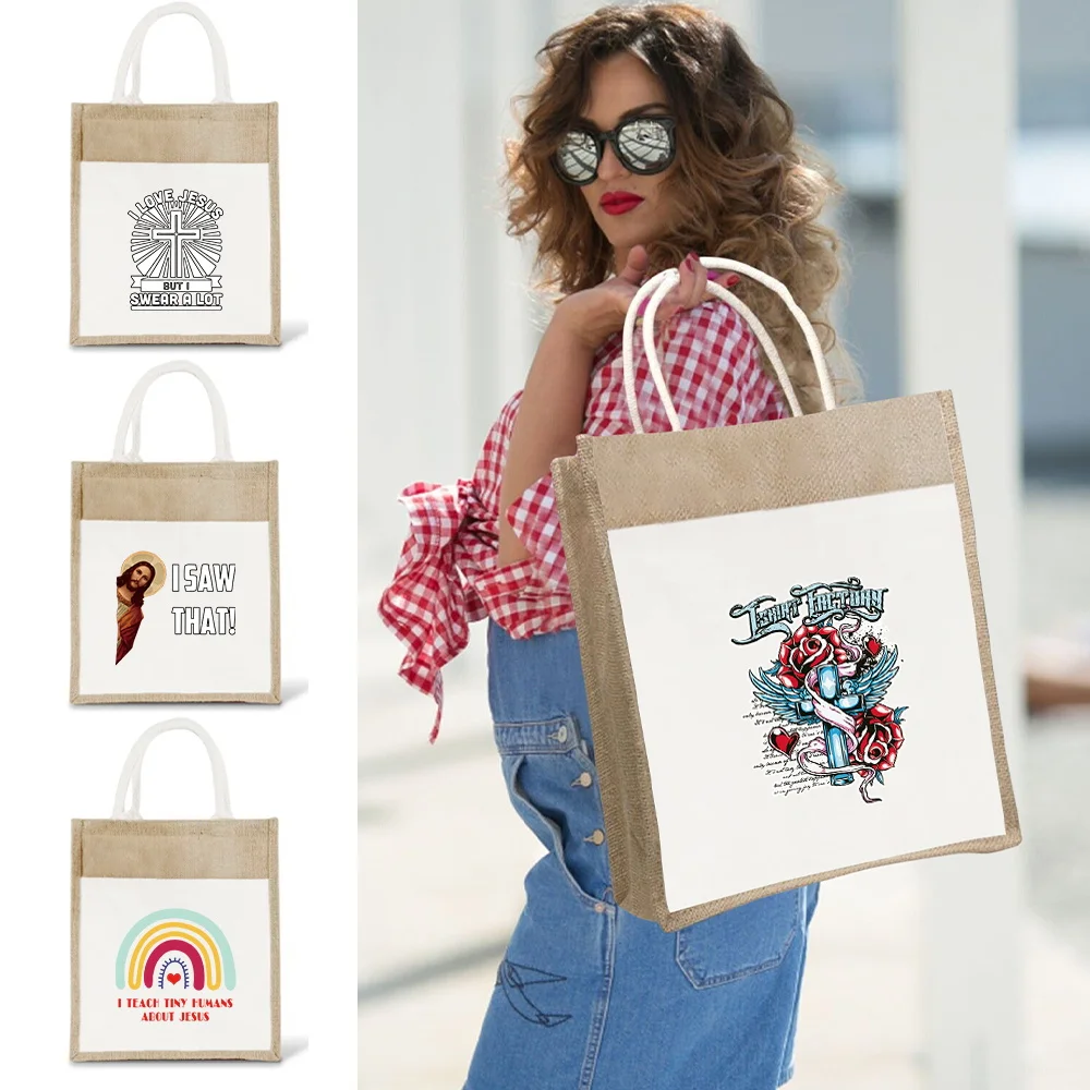 

Винтажная многоразовая сумка-тоут из джута и мешковины с принтом серии «Иисус», пляжная сумка, многофункциональная льняная сумка для покупок