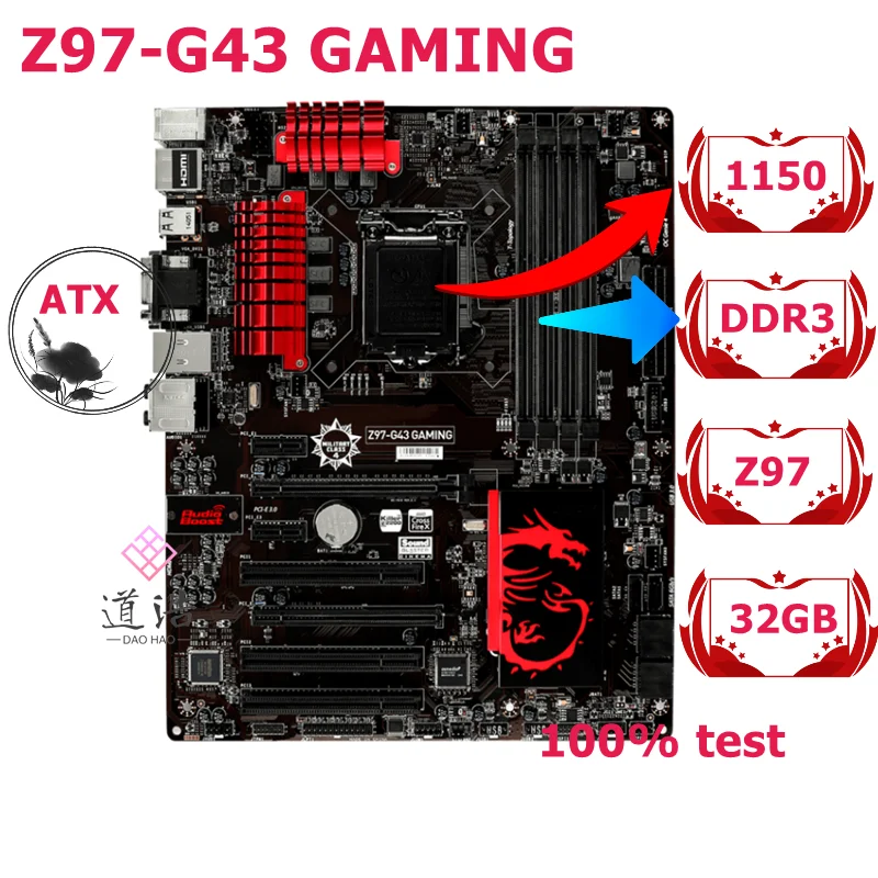 

For Z97-G43 GAMING Motherboard 32GB VGA DVI HDMI SATA III LGA 1150 DDR3 ATX Z97 Mainboard 100% Tested Fully Work