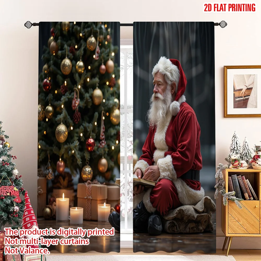 

2pcs 2D flat printing Merry Christmas Curtain Santa Reading Book Christmas Polyester Without Electricity Festive Curtains