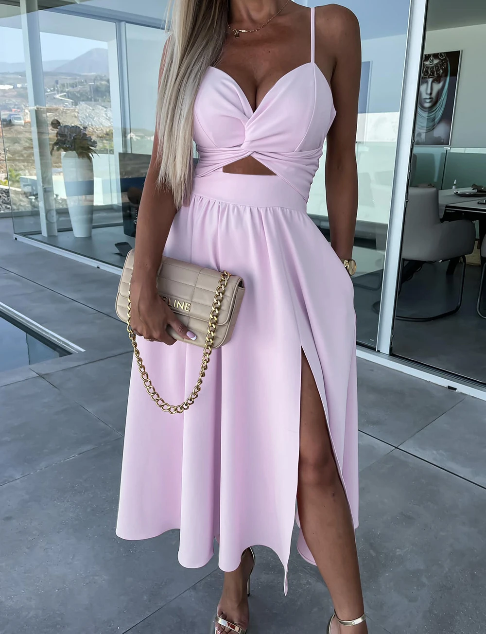 Summer Dress Women 2024 Fresh Sweet V-neck High Waist Sleeveless Dresses Solid with Suspender Slim Fit Backless Skirt for Female