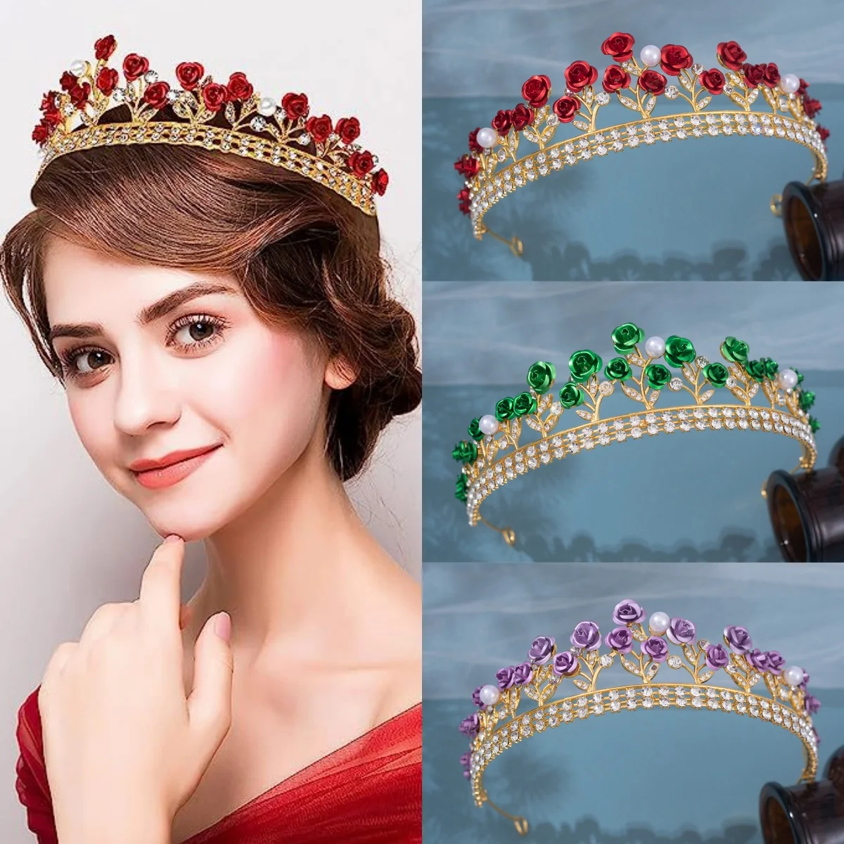 Baroque Ceramic Bridal Crown Rhinestone Prom Diadem Hairpieces Crystal Pearl Rose Crown Tiara Wedding Hair Accessories Jewelry