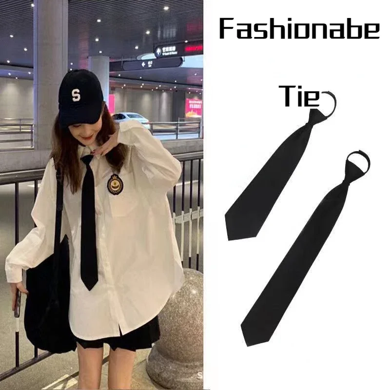 Black Unisex Zipper Ties Retro Silky Narrow Neck Tie Slim Smooth Women Bow Tie Korean Style Simple Elegant All-match Trendy Tie