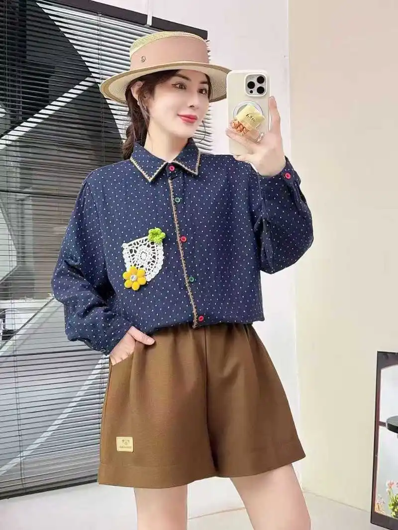 جديد 2025 خريف غزل القطن قميص طويل الأكمام ، المرأة بدوره إلى أسفل طوق التطريز جيب ، موري فتاة ريترو OL بلوزة فضفاضة T5O754CC #4