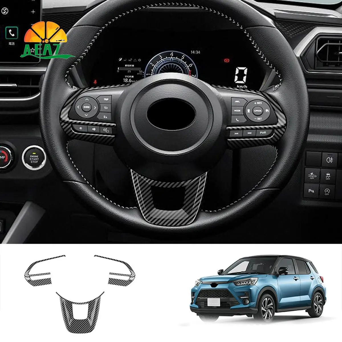 AEA7-3Pcs/Set Car Steering Wheel Cover Trim For TOYOTA Raize 200 Series 210A 2021 VELOZ 2022 Carbon Fiber