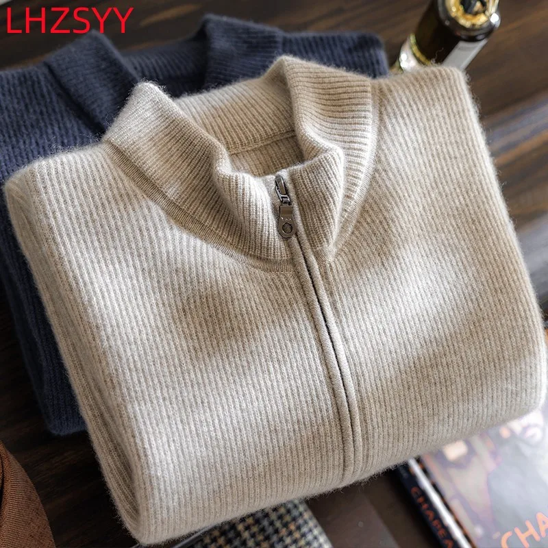 LHZSYY Men\'s 100% Pure Cashmere Knit Cardigan Young/Middle-aged High-End Tops Stand Collar Loose Zipper Jacket Warm Sweater Coat