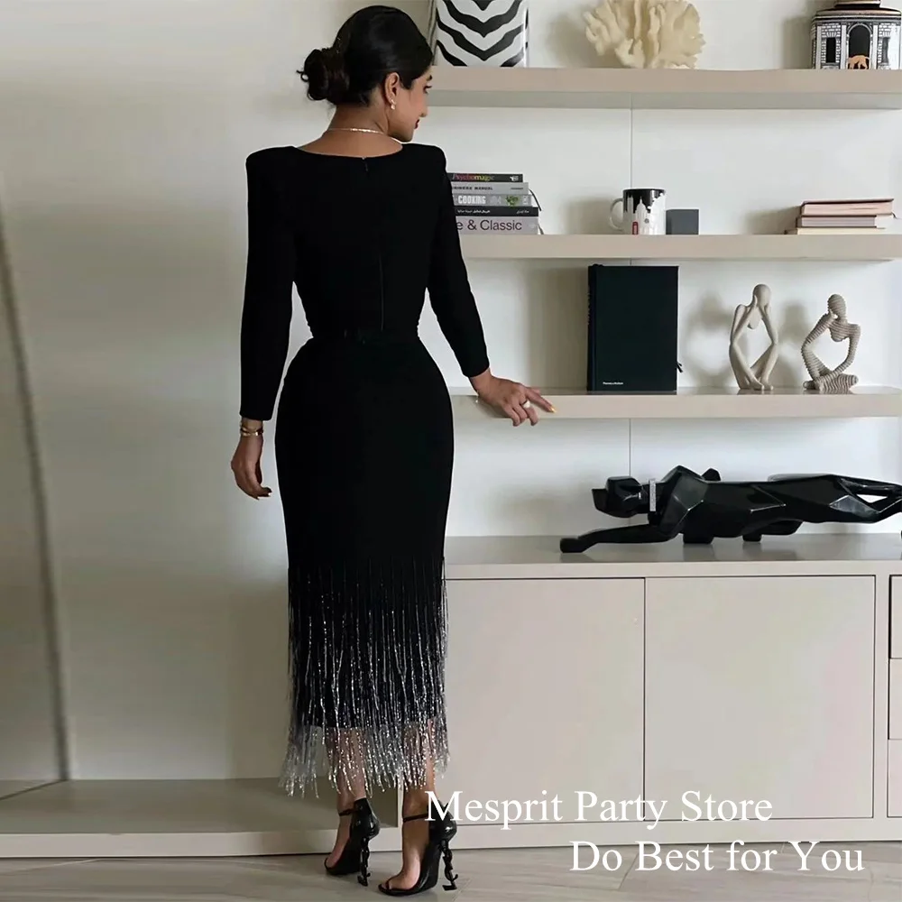 2024 Cocktail Dress Party Gown for Weddings Square Neck Long Sleeve Beading Mermaid Black Evening Dress Saud Arabian