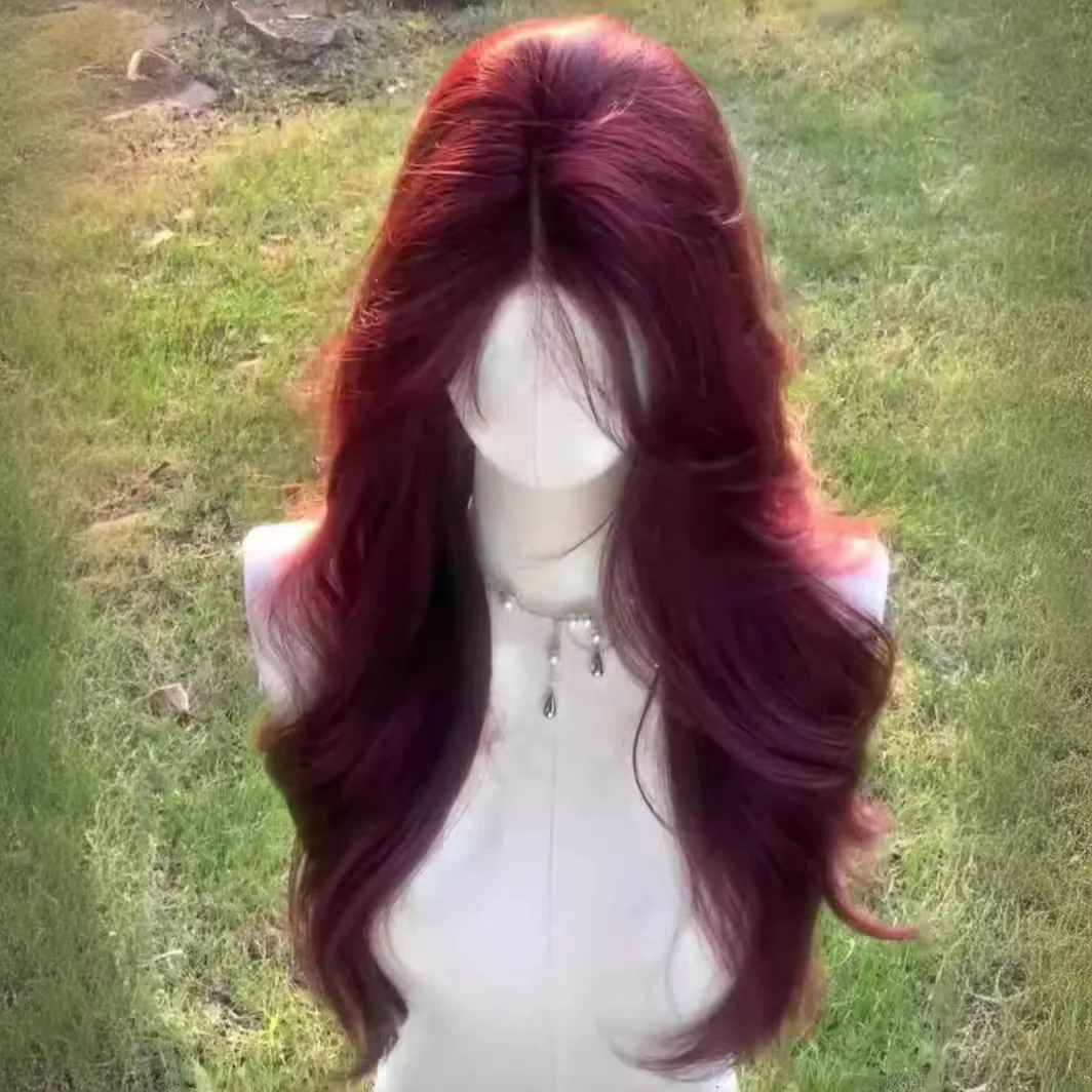 Summer wig wine red haze blue wig golden princess hair Mid cut eight character bangs big waves long curly hair Regular No lace