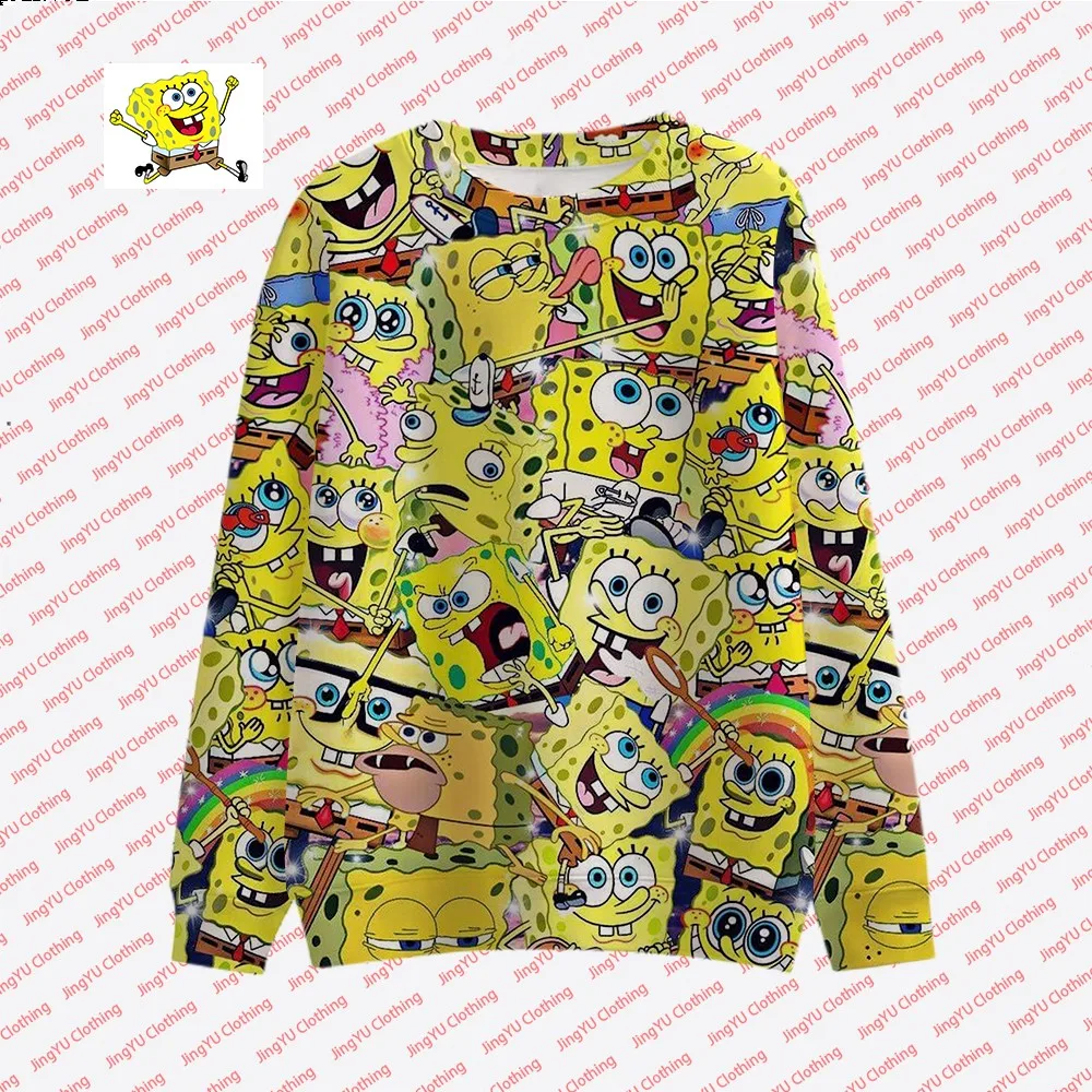 Pulôver infantil de manga comprida, blusas com gola redonda, streetwear casual, estrela rosa e Bob Esponja, nova moda outono