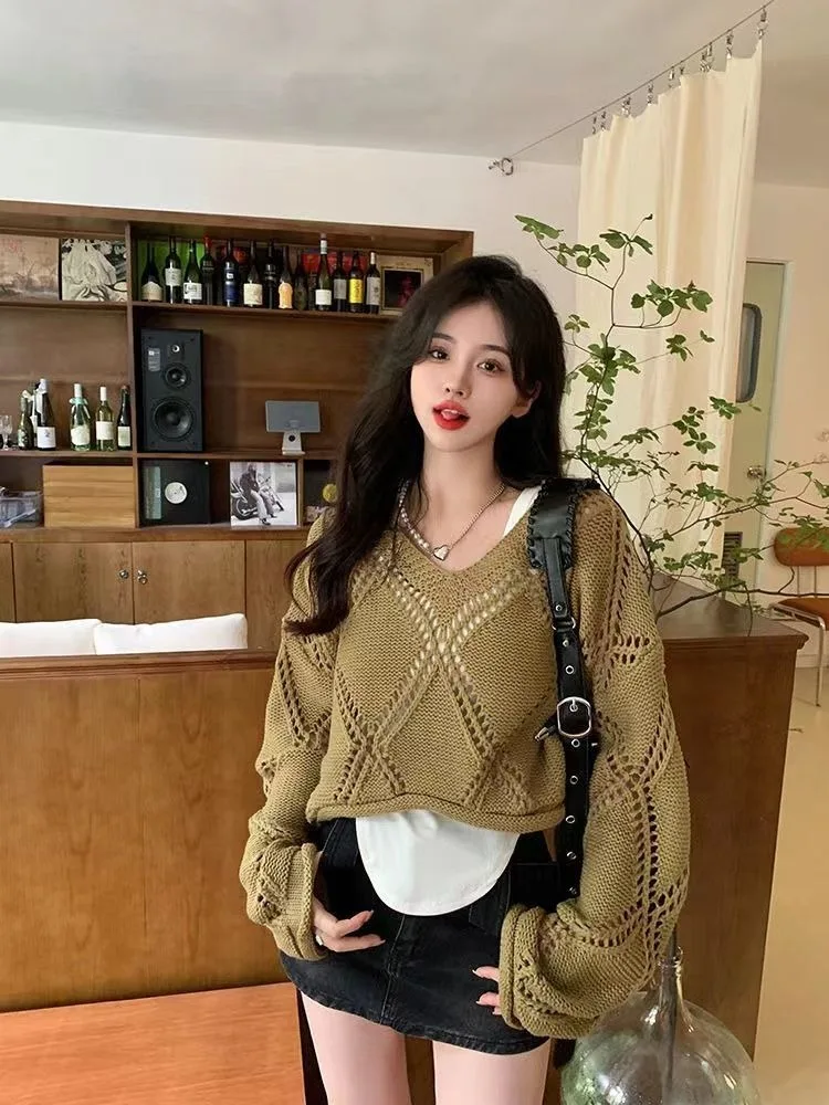 Women Long Sleeve Crochet Knit Hollow Out Crochet Sweater Cover Up Crop Pullovers Knitwear Blouse Vacation Boho Outfit DURIKIES