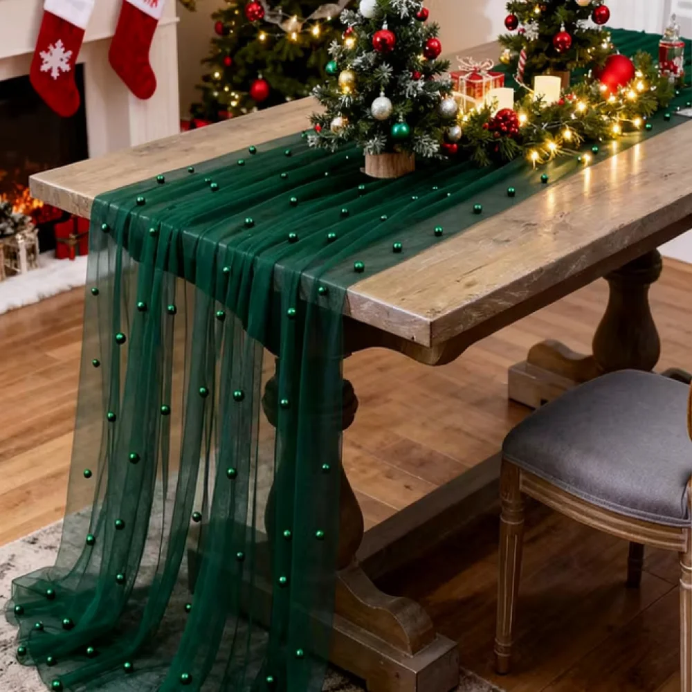 Chic Pearl Embellished Gauze Table Runner For Wedding Event Party Romantic Sheer Tulle Tablecloth Home Dining Supplies