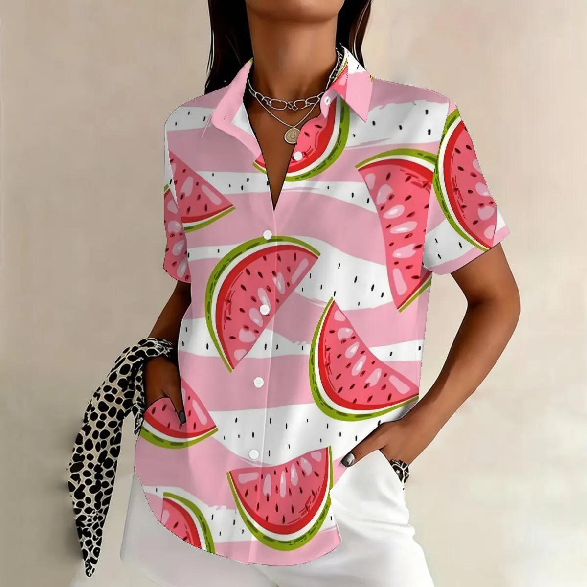 

Женская рубашка больших размеров с короткими рукавами и принтом арбузов, свободного кроя, стройнящая, повседневный летний топ.