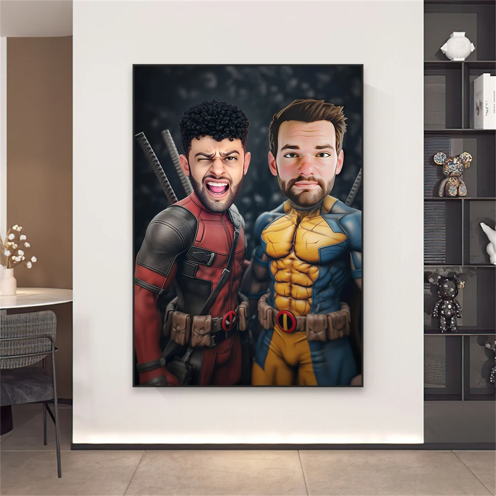 

Custom Deadpool Wolverine Superhero Poster Cartoon Portrait Prints Caricatures Personalize Canvas Painting Home Bedroom Decor