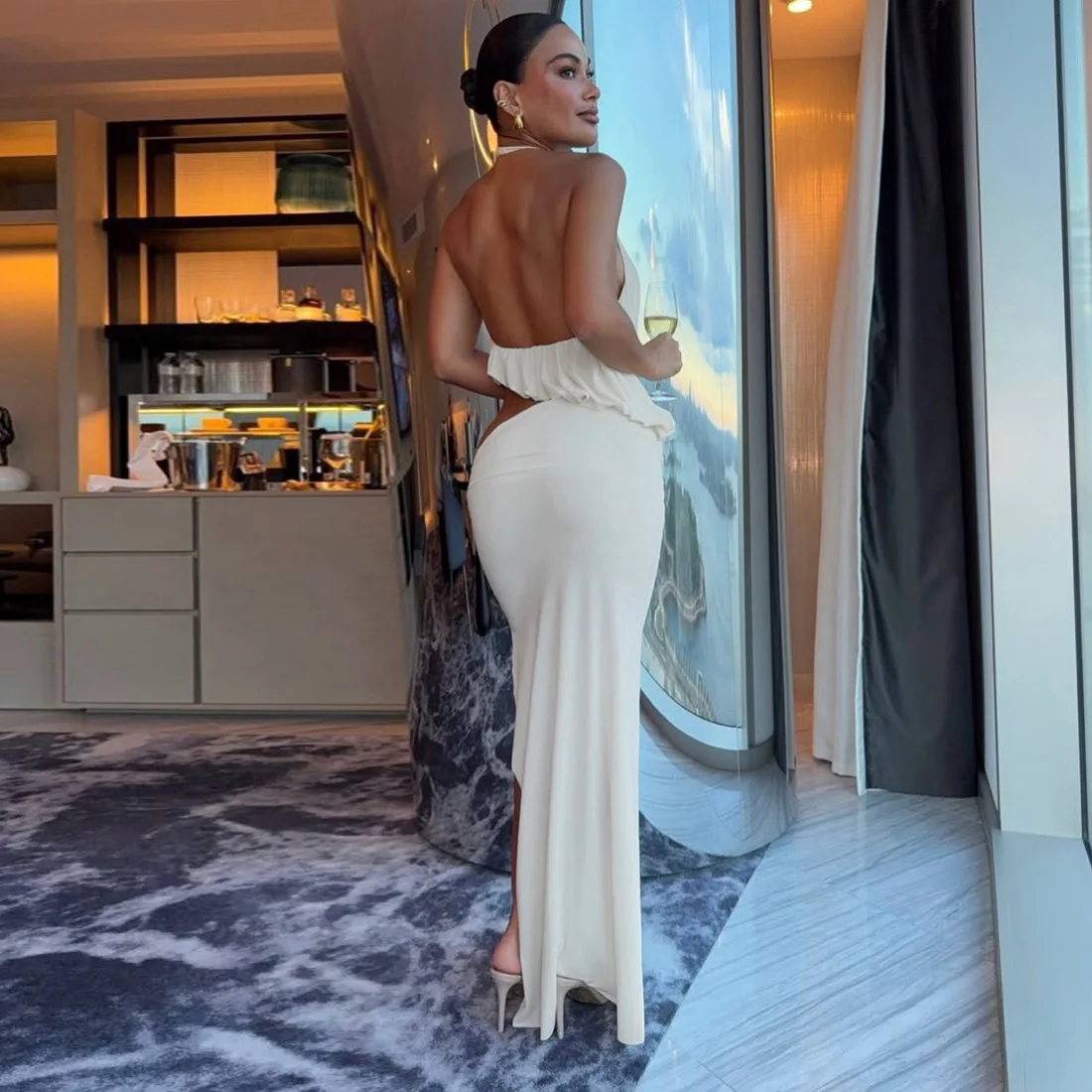 White Halter Ruched Top and Maxi Skirt Set Asymmetric High Low Waist Backless Sleeveless Cocktail Party Elegant Stylish Outfits image 2
